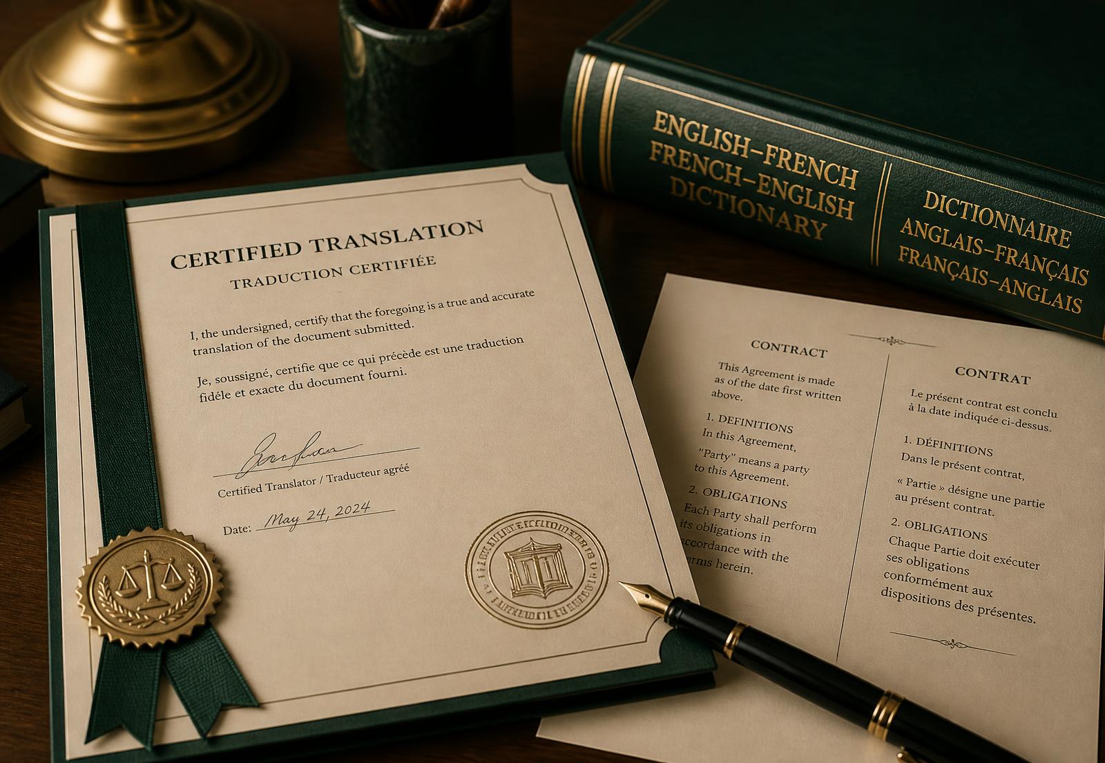 A certified legal translation with wax seal, bilingual contract pages and a legal dictionary